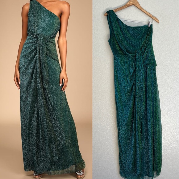 Glamorous Glitz Shiny Teal Green One-Shoulder Maxi Dress - Picture 1 of 9